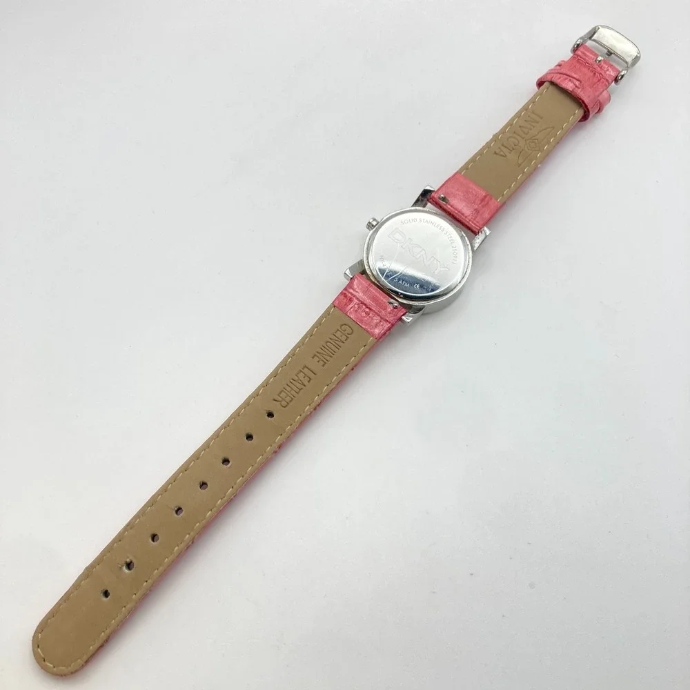 DKNY Women's Watch Silver Tone 28mm MOP Dial Pink Leather New Battery 8.25
